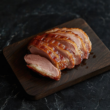 A smoked duck breast, sliced neatly to reveal a juicy texture.の素材