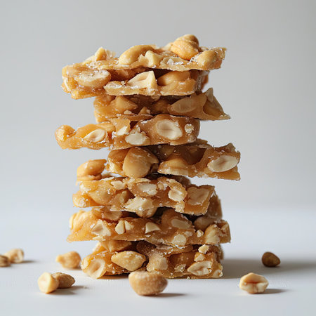 A stack of crunchy peanut brittle pieces, golden brown and nutty.の素材