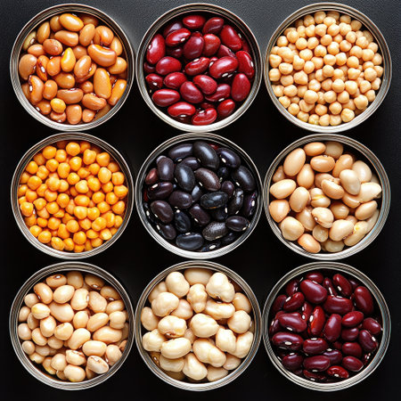 A variety of canned beans, including kidney beans, black beans, and chickpeas.の素材