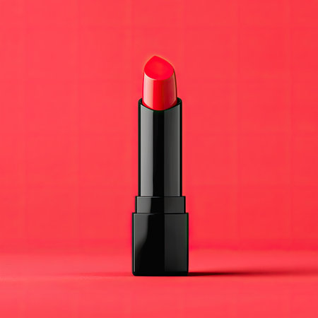 A tube of red lipstick with a clean cut at the top, bold beauty product concept.の素材