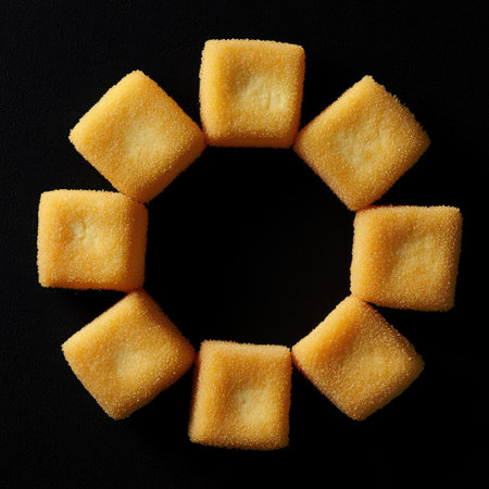 Fried tofu cubes arranged in a circle, golden and crisp, perfect for snack concepts.の素材