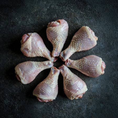 A top-down view of uncooked chicken drumsticks arranged in a circular pattern.の素材