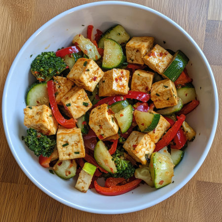 Tofu cubes mixed with vegetables in a white bowl, representing a healthy meal.の素材