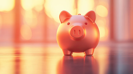 A D render of a golden piggy bank placed on a reflective surface with soft lighting, symbolizing savings and financial security.の素材