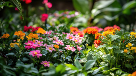 A beautifully manicured flower bed with vibrant blooms surrounded by lush green foliage, with soft sunlight filtering through.の素材