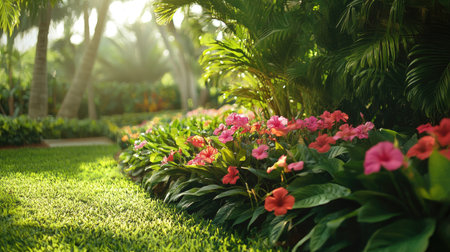 A beautifully manicured flower bed with vibrant blooms surrounded by lush green foliage, with soft sunlight filtering through.の素材