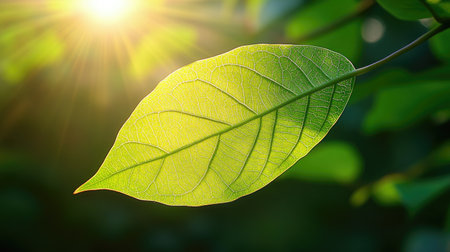 A backlit leaf with visible veins, casting a soft glow as sunlight shines through it.の素材