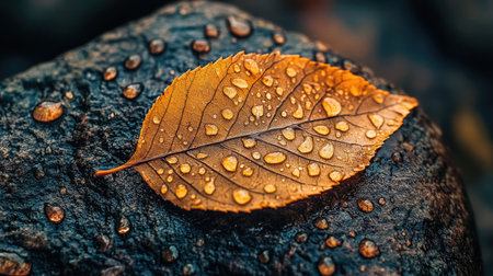 A close-up of a wet leaf resting on a rock, reflecting the surrounding greenery in the water droplets.の素材