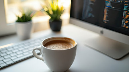 A clean, modern help desk setup with a cup of coffee, keyboard, and support documentation.の素材