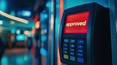 A close-up of a digital payment terminal with a glowing approved signal, symbolizing successful sales transactions.の素材