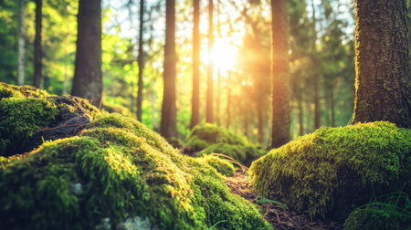 A close-up of evergreen trees in a dense forest, with moss-covered rocks and sunlight filtering through the branches.の素材