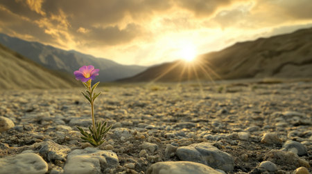 A close-up of a lone flower growing in a rocky desert landscape with a dramatic sky in the background.の素材