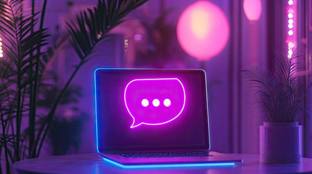 A customer support concept featuring a laptop with a glowing chat bubble symbolizing online assistance.の素材