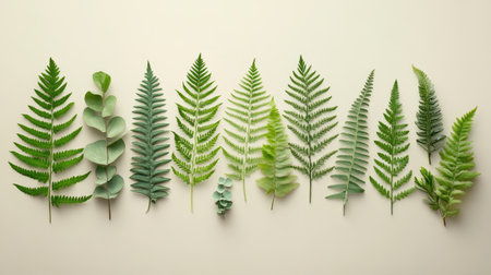 A collection of fern leaves with different shades of green arranged artistically on a light background.の素材