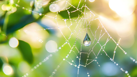 A close-up of a dewdrop hanging from a spider's web in the early morning light.の素材