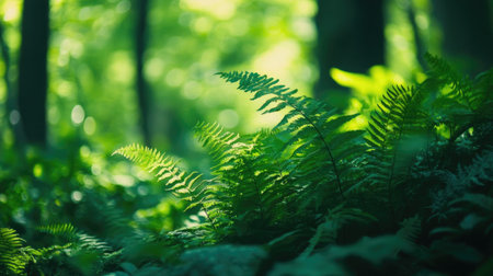 A close-up of a lush fern growing in the shade of a dense forest.の素材