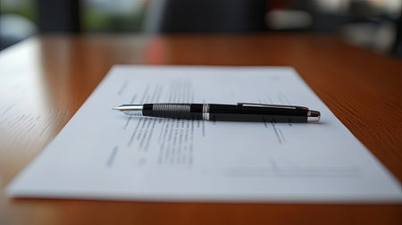 A close-up of a financial document with a pen resting on top, placed on a wooden desk with natural lighting.の素材
