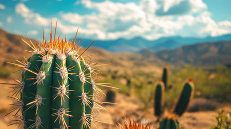 A close-up of a vibrant green cactus with sharp thorns in a dry desert landscape.の素材