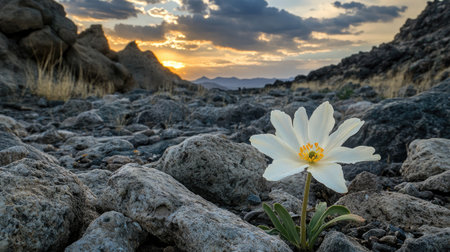 A close-up of a lone flower growing in a rocky desert landscape with a dramatic sky in the background.の素材