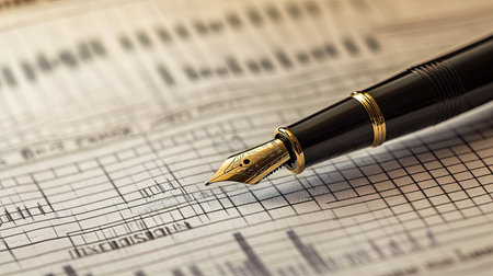 A close-up of a financial newspaper with a fountain pen resting on it, symbolizing market analysis.の素材