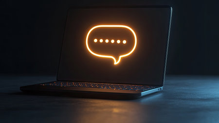 A customer support concept featuring a laptop with a glowing chat bubble symbolizing online assistance.の素材
