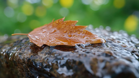 A close-up of a wet leaf resting on a rock, reflecting the surrounding greenery in the water droplets.の素材