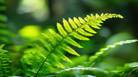 A close-up of a lush fern growing in the shade of a dense forest.の素材