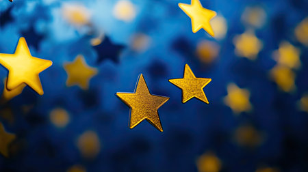 A conceptual image of floating rating stars, representing customer feedback and service quality.の素材