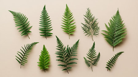 A collection of fern leaves with different shades of green arranged artistically on a light background.の素材