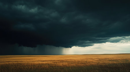 A dramatic thunderstorm approaching over an open prairie, with dark clouds filling the sky.の素材
