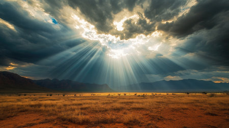A dramatic cloud formation over a vast desert, with rays of sunlight breaking through.の素材