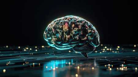 A conceptual image of a robotic brain with data connections and futuristic code lines.の素材