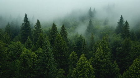 A dense, foggy evergreen forest with towering trees and a blanket of mist, creating a serene, calming atmosphere.の素材