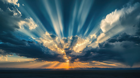 A dramatic cloud formation over a vast desert, with rays of sunlight breaking through.の素材