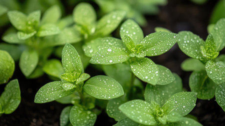A close-up of fresh herbs growing in a garden bed, with dew drops glistening on the leaves.の素材