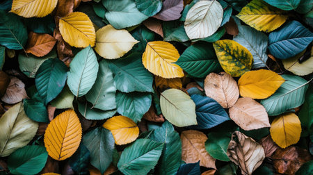 A collection of different leaves, with varying shades of green, laying on the ground during spring.の素材