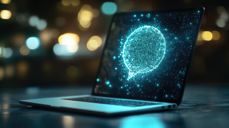 A customer support concept featuring a laptop with a glowing chat bubble symbolizing online assistance.の素材