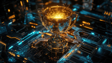 A digital trophy glowing on a futuristic platform, symbolizing business excellence.の素材