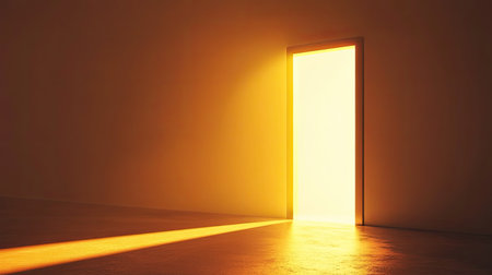 A concept image of a lighted doorway opening into a futuristic golden space.の素材