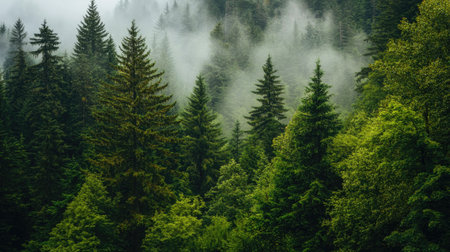 A dense evergreen forest with tall trees and a misty atmosphere, creating a tranquil, mysterious scene.の素材