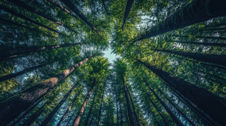 A dense woodland with trees stretching high into the sky, their branches creating a dense canopy that filters the light.の素材