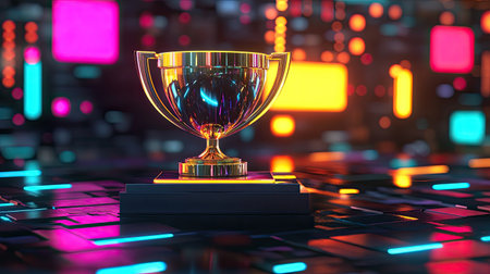 A digital trophy glowing on a futuristic platform, symbolizing business excellence.の素材