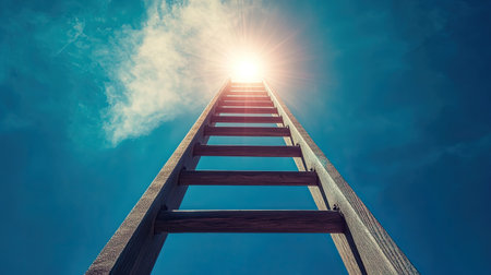 A ladder leading to an open sky with bright light, symbolizing climbing toward success.の素材
