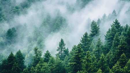A foggy morning in an evergreen forest, with mist swirling among the tall pine trees and soft light filtering through.の素材