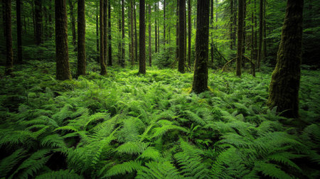 A lush forest with tall trees and a carpet of ferns and moss covering the forest floor.の素材