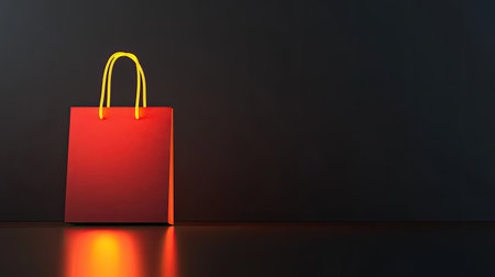 A minimalist scene with a red shopping bag and a glowing sales tag placed on a table.の素材