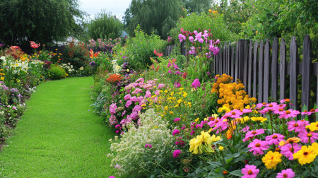 A neat and colorful garden with a variety of plants and flowers, neatly arranged along a garden fence.の素材
