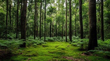 A lush forest with tall trees and a carpet of ferns and moss covering the forest floor.の素材