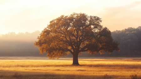A majestic oak tree standing alone in a wide field under a golden sunset sky.の素材