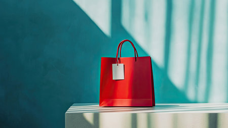 A minimalist scene with a red shopping bag and a glowing sales tag placed on a table.の素材